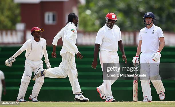 Gary Ballance of England walks after being caught by Steve Liburd off the bowling of Elvin Berridge of St Kitts during day two of the St Kitts and...