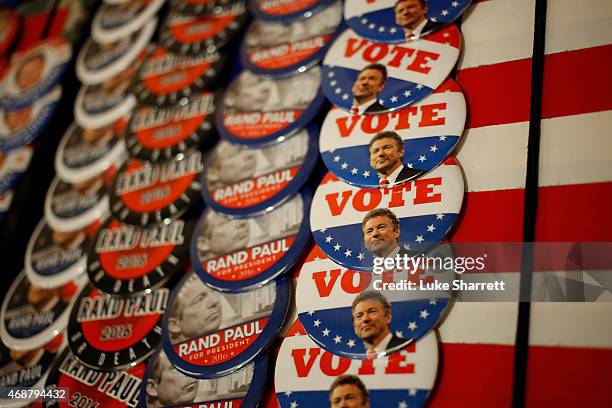 Campaign buttons are displayed for sale outside an event at which Sen. Rand Paul will announce his candidacy for the Republican presidential...