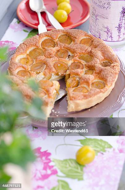 mirabelle tart on laid table - mirabelle plum stock pictures, royalty-free photos & images