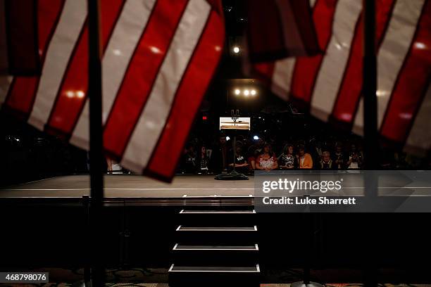 The stage on which Sen. Rand Paul will deliver remarks announcing his candidacy for the Republican presidential nomination are pictured before an...