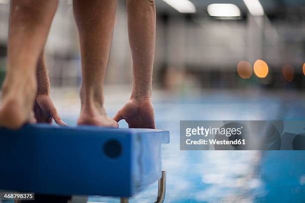 swimmer on starting block at indoor swimming pool - schwimmen wettkampf stock-fotos und bilder