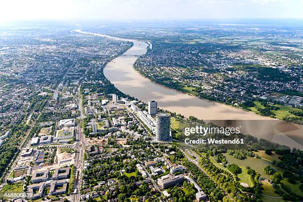 germany, north rhine-westphalia, bonn, view of city with posttower at river rhine, aerial photo - bonn stock-fotos und bilder