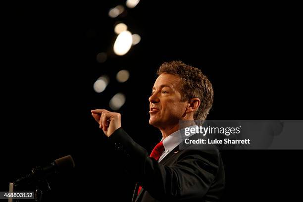 Sen. Rand Paul delivers remarks while announcing his candidacy for the Republican presidential nomination during an event at the Galt House Hotel on...