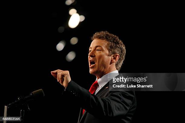 Sen. Rand Paul delivers remarks while announcing his candidacy for the Republican presidential nomination during an event at the Galt House Hotel on...