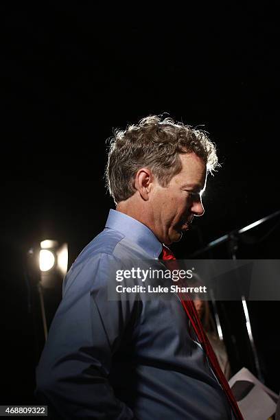 Sen. Rand Paul waits to be interviewed by Fox News after announcing his candidacy for the Republican presidential nomination at an event at the Galt...