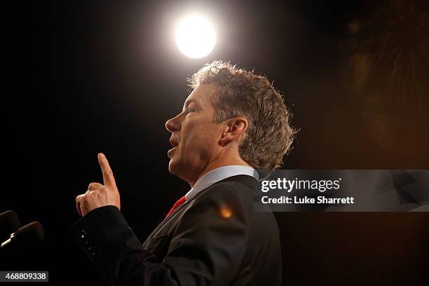 Sen. Rand Paul delivers remarks while announcing his candidacy for the Republican presidential nomination during an event at the Galt House Hotel on...