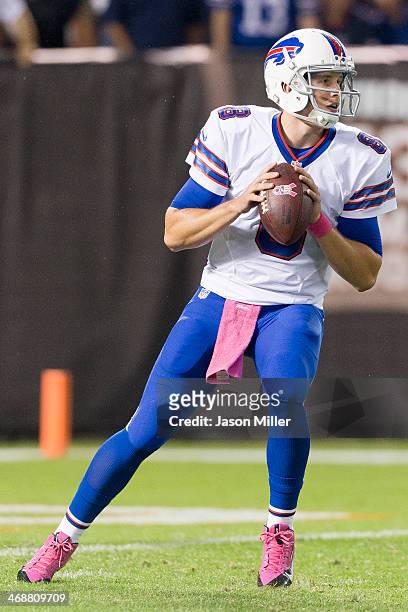 Quarterback Jeff Tuel of the Buffalo Bills drops back and looks for a pass during the first half against the Cleveland Browns at FirstEnergy Stadium...