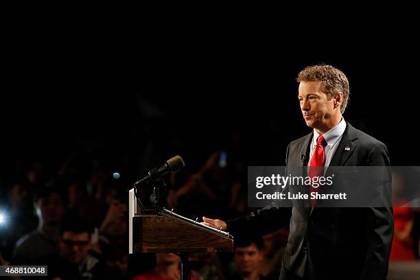 Sen. Rand Paul pauses while delivering remarks at an event announcing his candidacy for the Republican presidential nomination during an event at the...