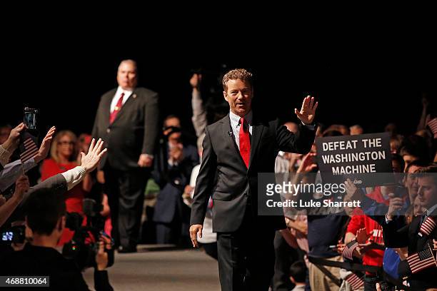 Sen. Rand Paul waves to supporters after taking the stage to announce his candidacy for the Republican presidential nomination during an event at the...