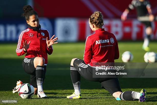 Celia Sasic attends a Germany training session ahead of their friendly match against Brazil at Sportpark Ronhof on April 7, 2015 in Fuerth, Germany.