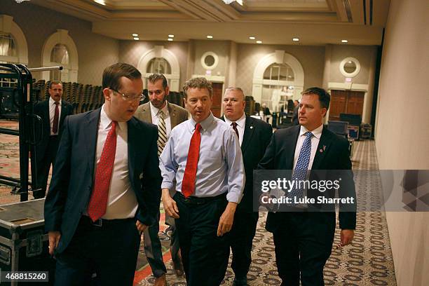 Sen. Rand Paul walks backstage after announcing his candidacy for the 2016 Republican presidential nomination during an event at the Galt House Hotel...