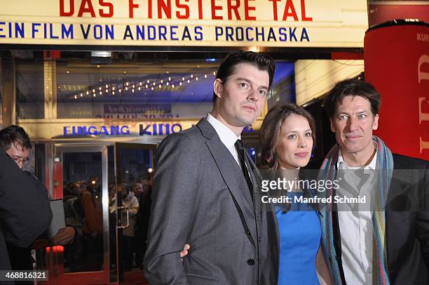 Sam Riley, Paula Beer and Tobias Moretti attend the Austrian premiere of 'Das Finstere Tal' at Gartenbau cinema on on February 11, 2014 in Vienna,...