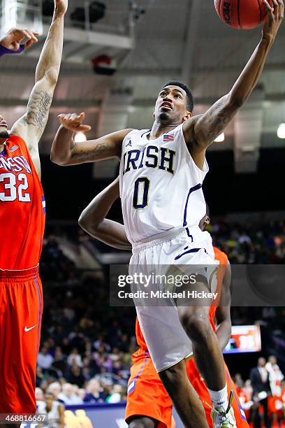 Eric Atkins of the Notre Dame Fighting Irish shoots the ball against the Clemson Tigers at Purcel Pavilion on February 11, 2014 in South Bend,...