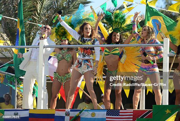 Jennifer Lopez, Claudia Leitte and Pitbull are seen in Fort Lauderdale as they film a music video for the song "We Are One" which will be the theme...