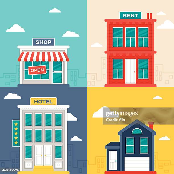ilustraciones, imágenes clip art, dibujos animados e iconos de stock de edificios de la ciudad - arquitectura exterior