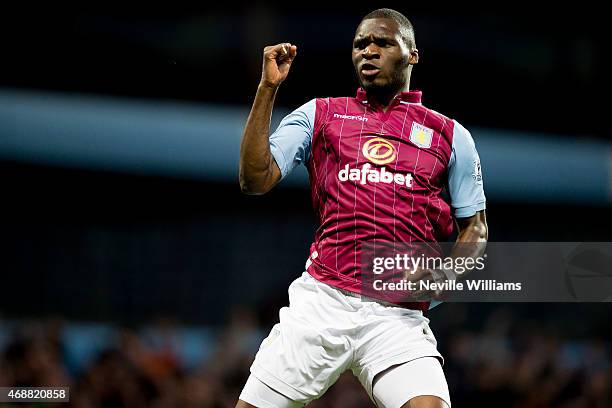 Christian Benteke of Aston Villa celebrates his goal for Aston Villa during the Barclays Premier League match between Aston Villa and Queens Park...