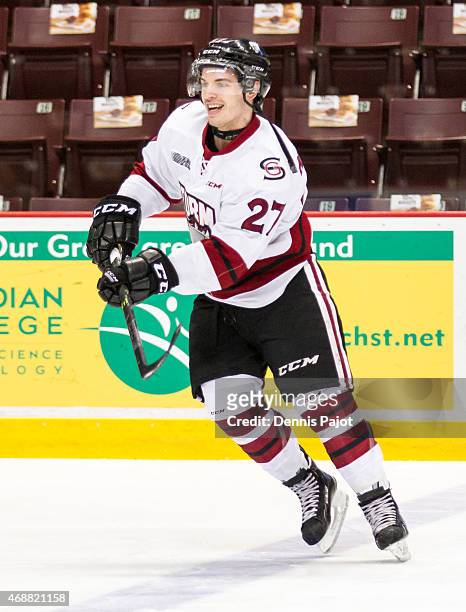 Defenceman Garrett McFadden of the Guelph Storm skates during warmups prior to a game against the Windsor Spitfires on March 12, 2015 at the WFCU...