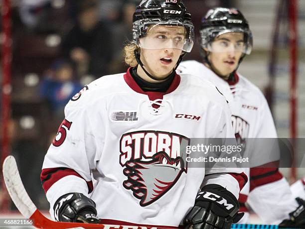 Forward Marc Stevens of the Guelph Storm prepares for a faceoff against the Windsor Spitfires on March 12, 2015 at the WFCU Centre in Windsor,...