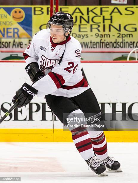 Forward Luke Cairns of the Guelph Storm skates in warmups prior to a game against the Windsor Spitfires on March 12, 2015 at the WFCU Centre in...
