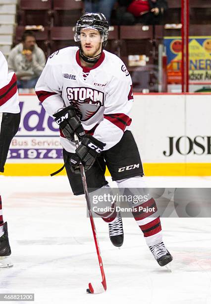 Defenceman Noah Carroll of the Guelph Storm skates during warmups prior to a game against the Windsor Spitfires on March 12, 2015 at the WFCU Centre...