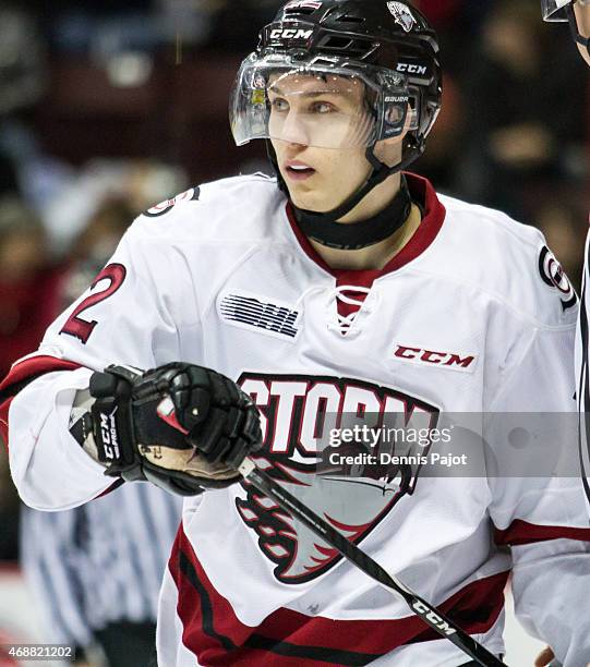 Forward Pius Suter of the Guelph Storm skates against the Windsor Spitfires on March 12, 2015 at the WFCU Centre in Windsor, Ontario, Canada.