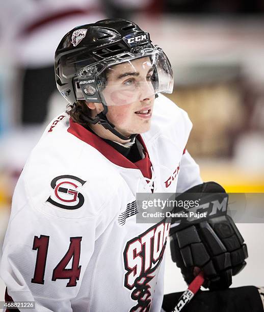 Forward Tyler Boston of the Guelph Storm stretches during warmups prior to a game against the Windsor Spitfires on March 12, 2015 at the WFCU Centre...