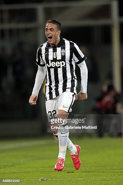Alessandro Matri of Juventus FC celebrates after scoring a goal during the TIM cup match between ACF Fiorentina and Juventus FC at Artemio Franchi on...