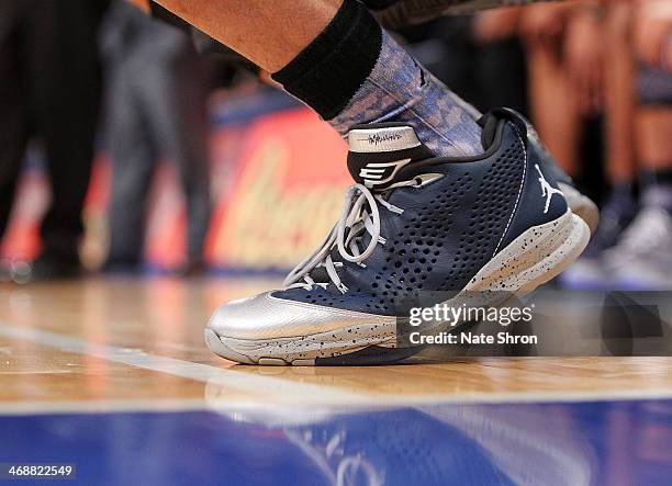 Detailed view of the Nike Jordan basketball shoes worn by the Georgetown Hoyas during their game against the Michigan State Spartans at Madison...