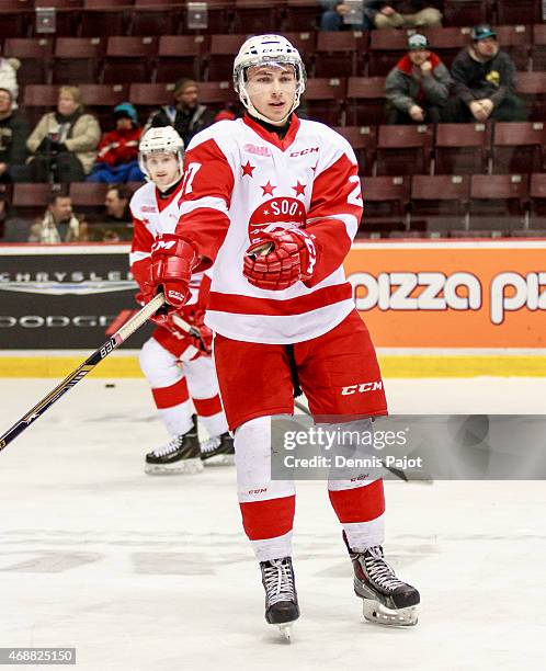 Forward Michael Bunting of the Sault Ste. Marie Greyhounds skates during warmups prior to a game against the Windsor Spitfires on March 5, 2015 at...