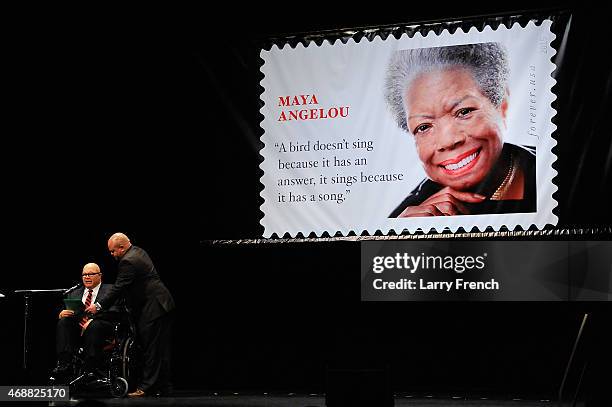 Guy Johnson, son of Maya Angelou, speaks at the Maya Angelou Forever Stamp Dedicationat at the Warner Theatre on April 7, 2015 in Washington, DC.
