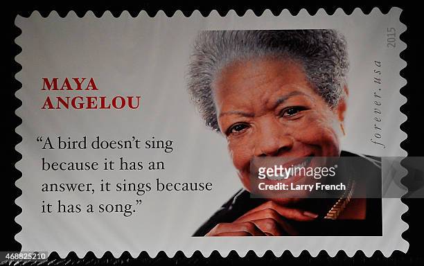 The Maya Angelou Forever Stamp is seen at the Maya Angelou Forever Stamp Dedicationat at the Warner Theatre on April 7, 2015 in Washington, DC.