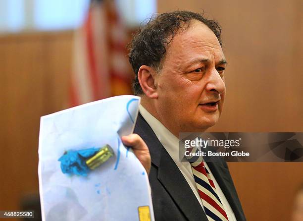 Closing arguments in the Aaron Hernandez trial for the murder of Odin Llyod at Fall River Superior Court. Defense attorney James Sultan holds a photo...