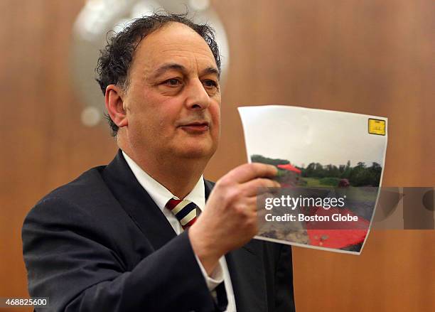 Closing arguments in the Aaron Hernandez trial for the murder of Odin Llyod at Fall River Superior Court. Defense attorney James Sultan holds a photo...