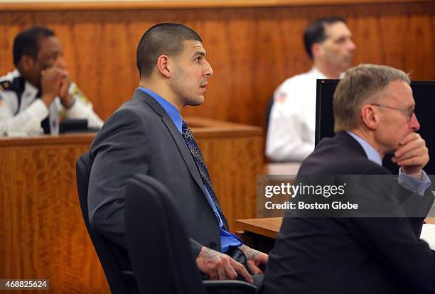 Closing arguments in the Aaron Hernandez trial for the murder of Odin Llyod at Fall River Superior Court. Hernandez listens to the judge give the...