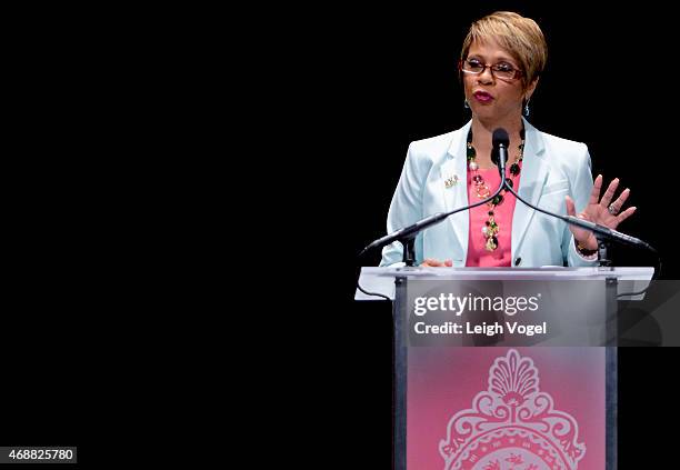 Sophia A. Nelson speaks during the Maya Angelou Forever Stamp Dedication at Warner Theatre on April 7, 2015 in Washington, DC.