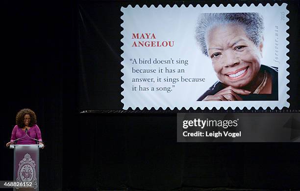 Oprah Winfrey speaks during the Maya Angelou Forever Stamp Dedication at Warner Theatre on April 7, 2015 in Washington, DC.