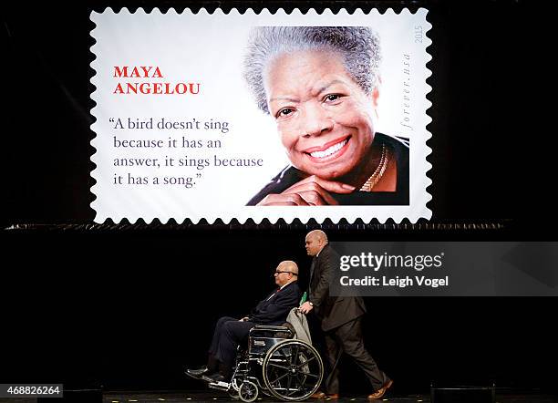 Colin Johnson and Guy Johnson speak during the Maya Angelou Forever Stamp Dedication at Warner Theatre on April 7, 2015 in Washington, DC.