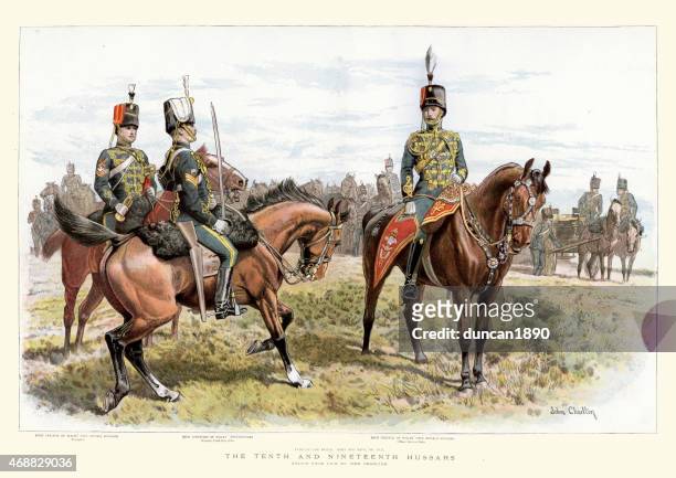 soldiers of the british army 10th and 19th hussars - 19th century bc stock illustrations