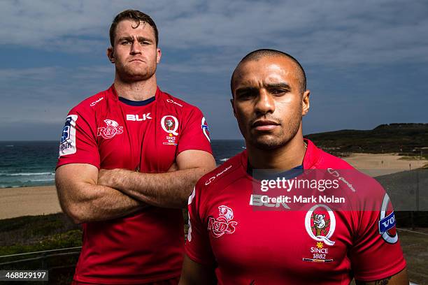 James Horwill and Will Genia of the Queensland Reds pose for photos during the Australian Super Rugby season launch at Horizons, South Maroubra beach...