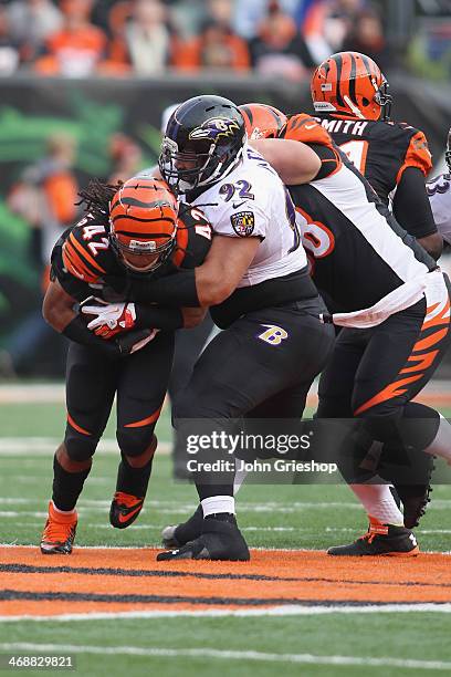 BenJarvus Green-Ellis of the Cincinnati Bengals runs the football upfield against Haloti Ngata of the Baltimore Ravens during a game at Paul Brown...