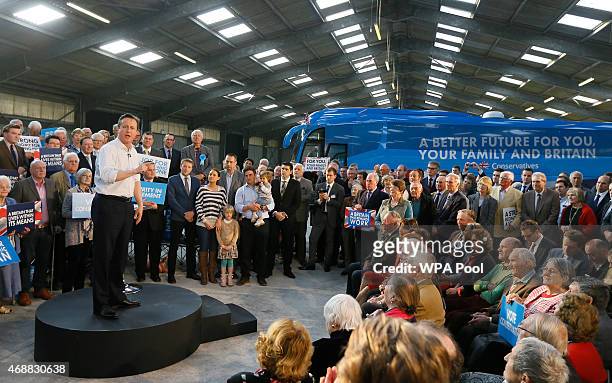 British Prime Minister David Cameron speaks during a Conservative Party rally at The Royal Cornwall Show ground on April 7, 2015 in Wadebridge,...