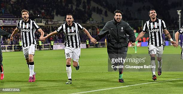 Fernando Llorente, Leonardo Bonucci, Gianluigi Buffon and Stefano Sturaro of Juventus FC celebrate the victory after the TIM cup match between ACF...