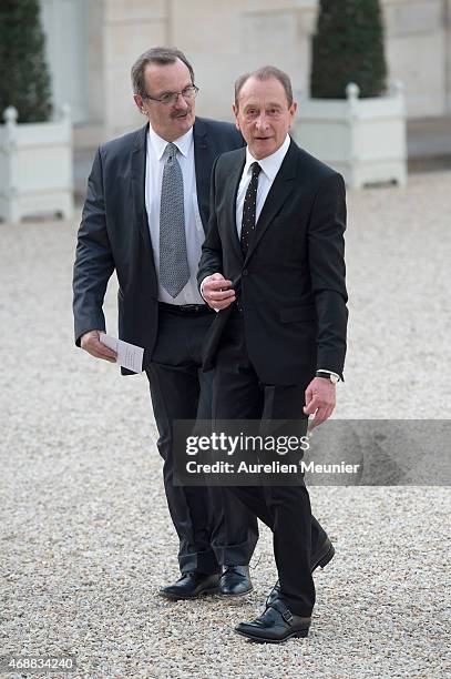 Former Paris Mayor Bertrand Delanoe arrives to the State Dinner in honor of Tunisian President Beji Caid Essebsi at Elysee Palace on April 7, 2015 in...