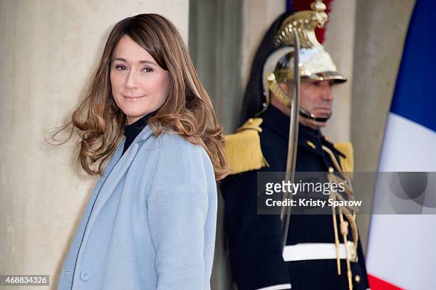 Daniela Lumbroso arrives for a state dinner in honor of the Tunisian President Beji Caid Essebsi, on April 7, 2015 at the Elysee Palace in Paris.