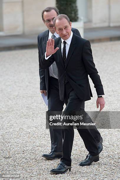 Former Paris Mayor Bertrand Delanoe arrives for a State Dinner in honor of Tunisian President Beji Caid Essebsi at Elysee Palace on April 7, 2015 in...