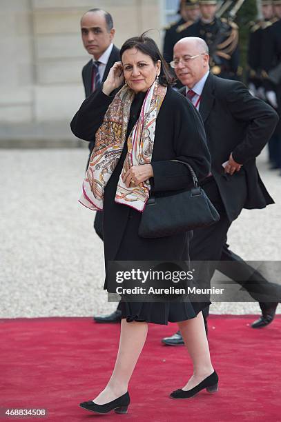 Latifa Lakhdar, Tunisian Minister Culture arrives for a State Dinner in honor of Tunisian President Beji Caid Essebsi at Elysee Palace on April 7,...