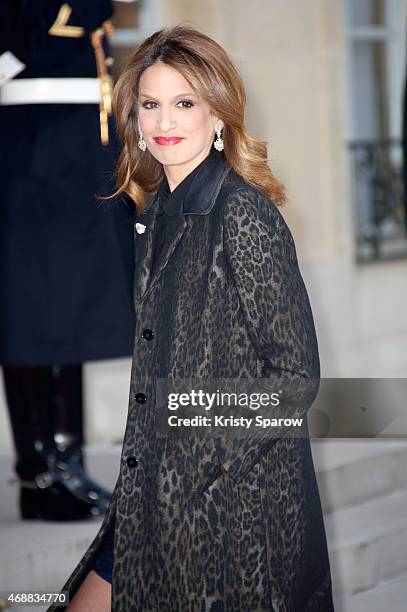 French journalist Sonia Mabrouk arrives for a state dinner in honor of the Tunisian President Beji Caid Essebsi, on April 7, 2015 at the Elysee...