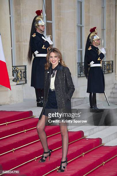 French journalist Sonia Mabrouk arrives for a state dinner in honor of the Tunisian President Beji Caid Essebsi, on April 7, 2015 at the Elysee...