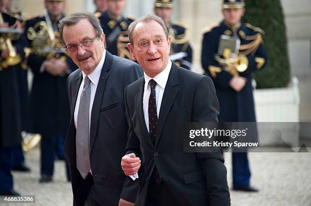 Former Paris Mayor Bertrand Delanoe arrives for a state dinner in honor of the Tunisian President Beji Caid Essebsi, on April 7, 2015 at the Elysee...
