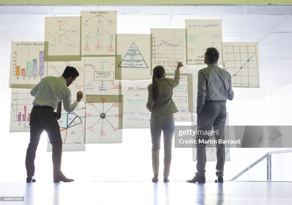 Business people working with charts and graphs on glass wall
